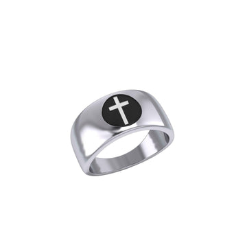 Spiritual Elegance Sterling Silver Faith Cross Men Band Ring with Black Accent by Peter Stone Jewelry TRI2475 - Jewelry